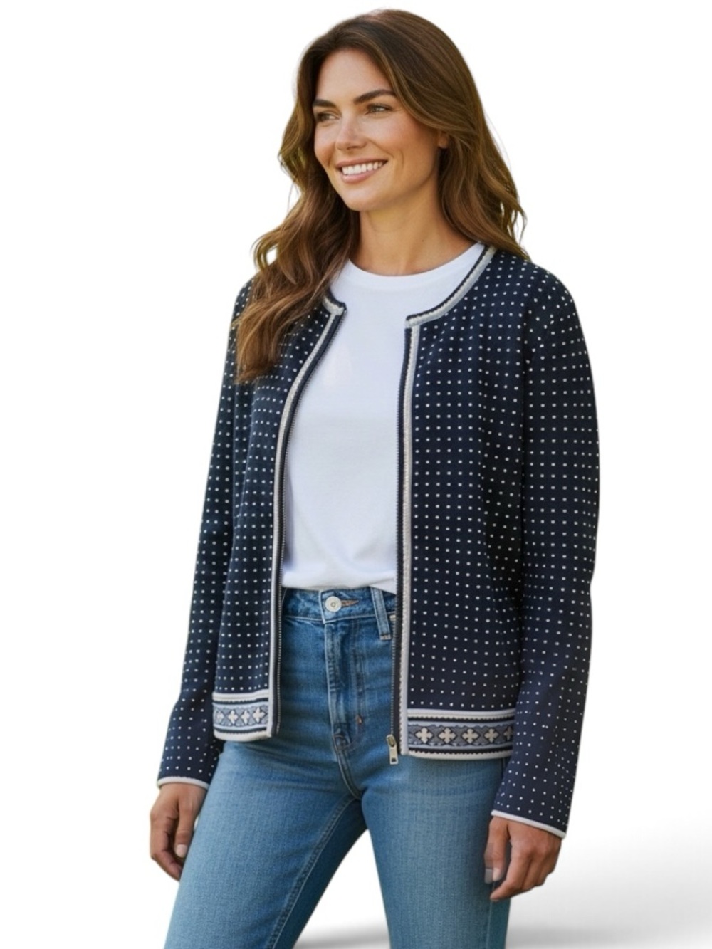 Tory Burch Dotted Patterned Knit Cardigan Zipper Front Navy Blue Size Large
